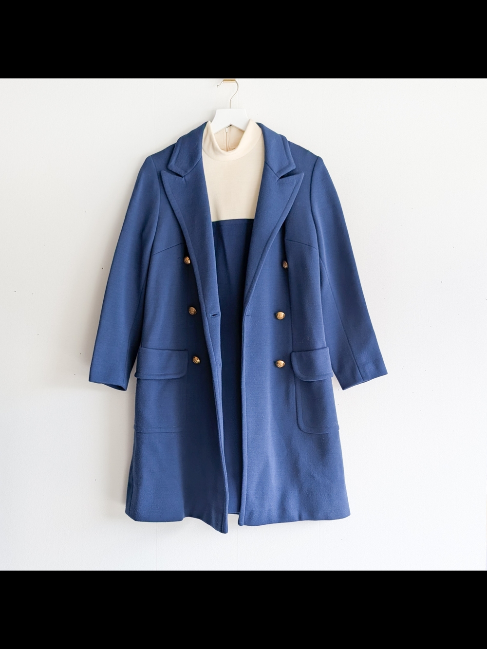 Vintage 1960s Peck & Peck Blue & White Wool Double Breast Pea Coat Dress Set Med - Picture 1 of 10